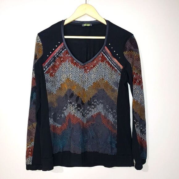 🦋3/$25 Dolcezza Large Black Red Print Long Sleeve V-neck Top - Picture 1 of 9